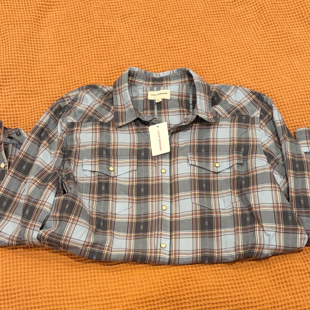 Lucky Brand Men's Plaid Button-Down Shirt in Blue and Brown - Picture 2 of 8